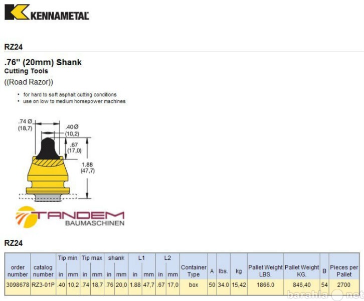 Продам: Резец дорожный Kennametal RZ24 (RZ3-01P)