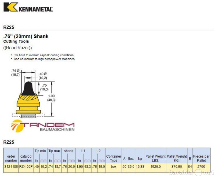 Продам: Резец дорожный Kennametal RZ25 (RZ4-02P)