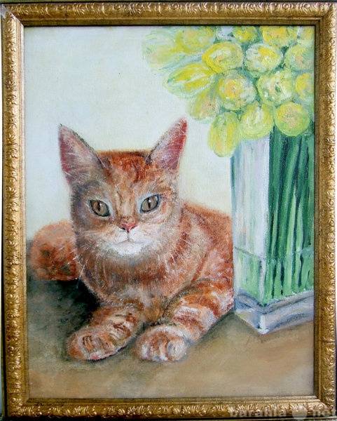 Продам: Рыжий кот и желтые тюльпаны, картина